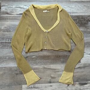 D.A.R. Sheer Knit Cardigan Yellow Rhinestone Button Cropped Cottagecore